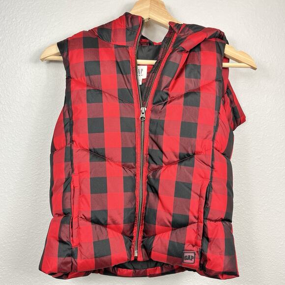GAP Kids Girls Puffer Vest Jacket Size L Red Black Buffalo Plaid NWOT Pockets - Picture 1 of 13